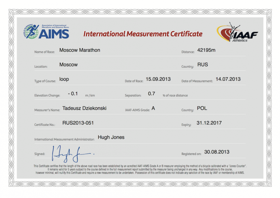 Сертификат беговой трассы Первого Московского марафона