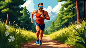 Триатлонист бежит по лесу. Векторная графика