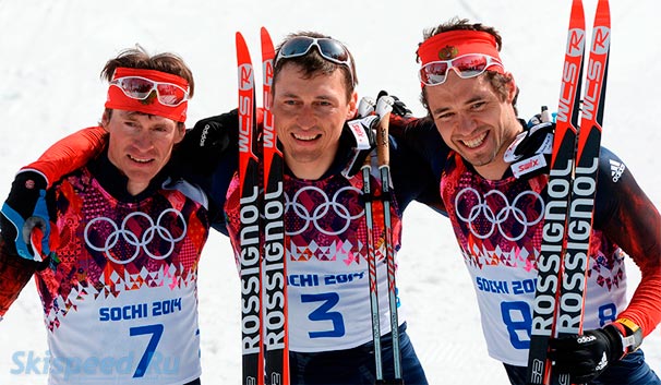 Фотография победителей лыжного марафона на олимпиаде Сочи 2014, Легков, Вылегжанин, Черноусов с лыжами Rossignol