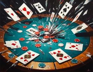 Игральные карты для покера летают над столом, фишки рядом