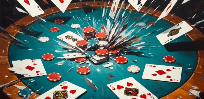 Игральные карты для покера летают над столом, фишки рядом