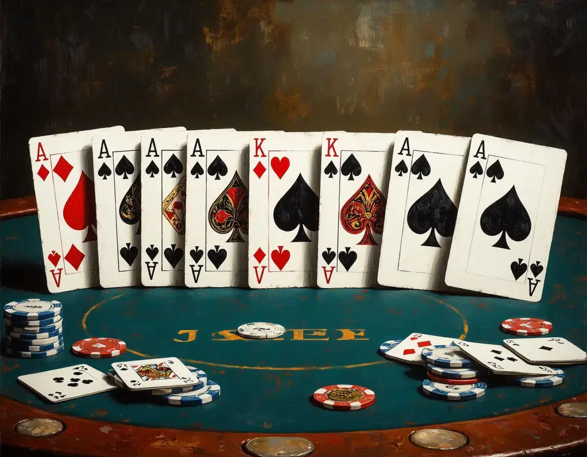 Покер. Игральные карты стоят вертикально на столе