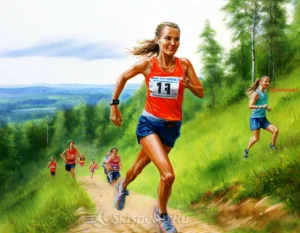 Спортсменка (женщина) бежит в гору по лесной тропе - карикатура, цветной карандашный рисунок