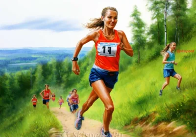 Спортсменка (женщина) бежит в гору по лесной тропе - карикатура, цветной карандашный рисунок