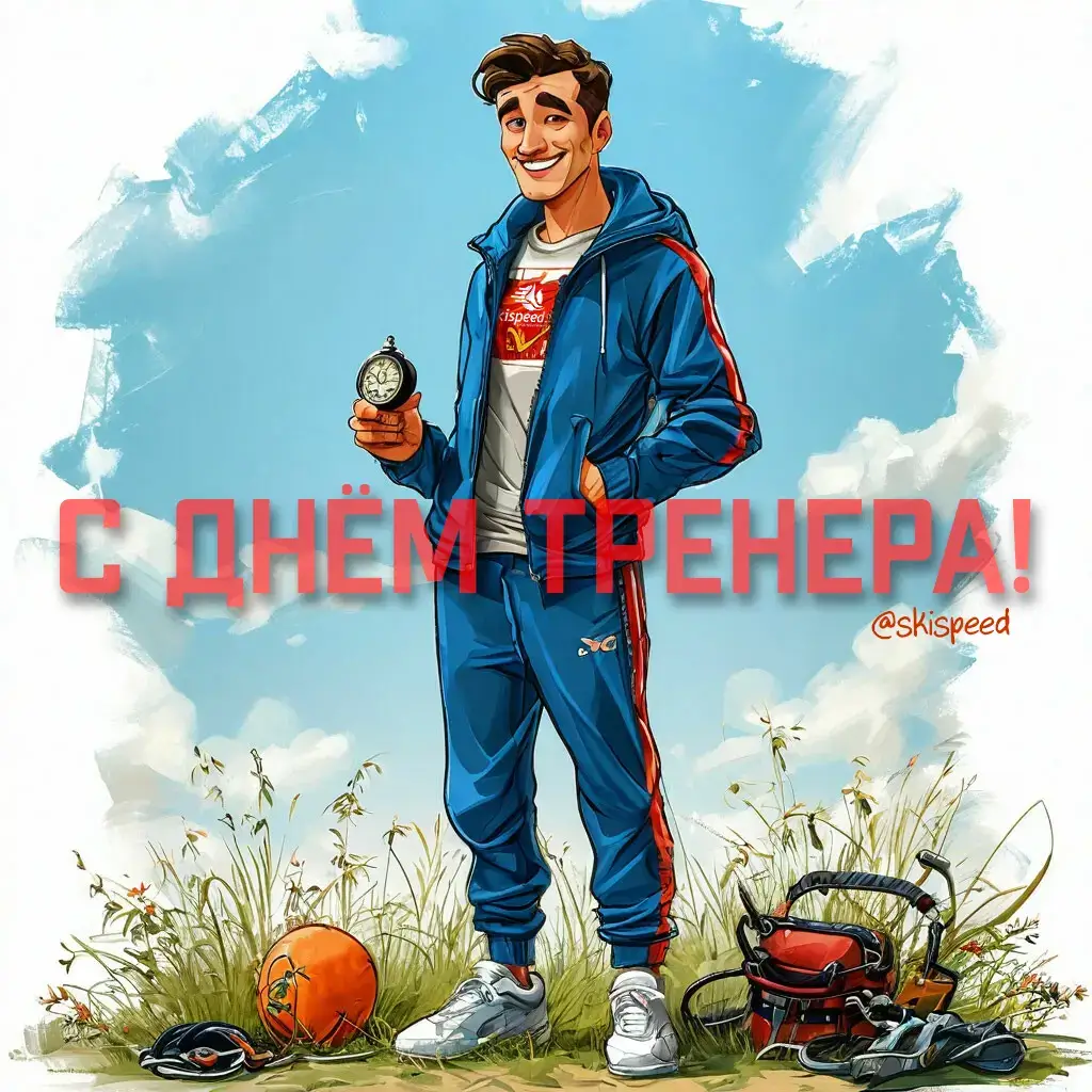 С Днём тренера! Тренер стоит на траве, в руке секундомер
