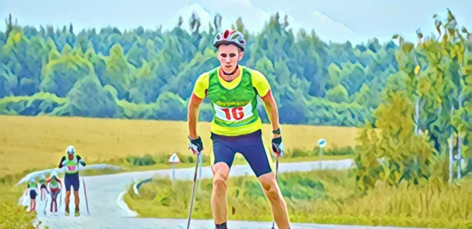 Спортсмен едет на лыжероллерах. Акварель