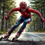 Спортсмен едет на лыжероллерной гонке