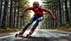 Спортсмен едет на лыжероллерной гонке