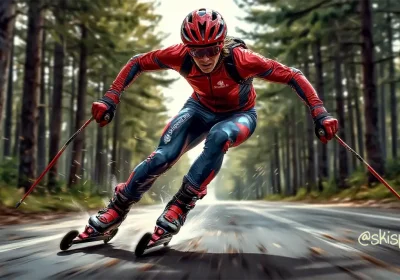 Спортсмен едет на лыжероллерной гонке