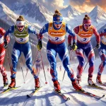 Спортсменки на лыжной гонке бегут группой