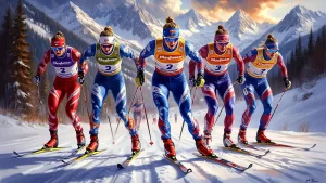 Спортсменки на лыжной гонке бегут группой