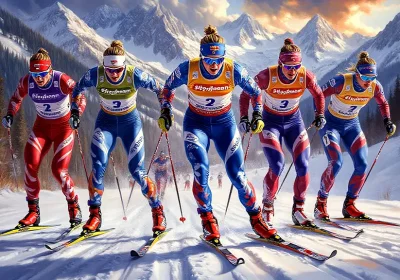 Спортсменки на лыжной гонке бегут группой