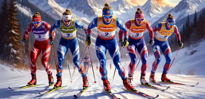 Спортсменки на лыжной гонке бегут группой