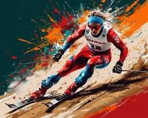 Лыжник на экстремальной скорости со спуска едет по опилкам