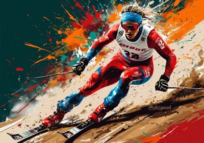 Лыжник на экстремальной скорости со спуска едет по опилкам