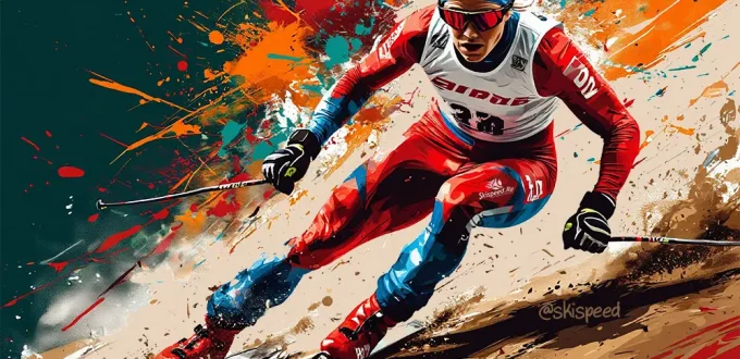 Лыжник на экстремальной скорости со спуска едет по опилкам