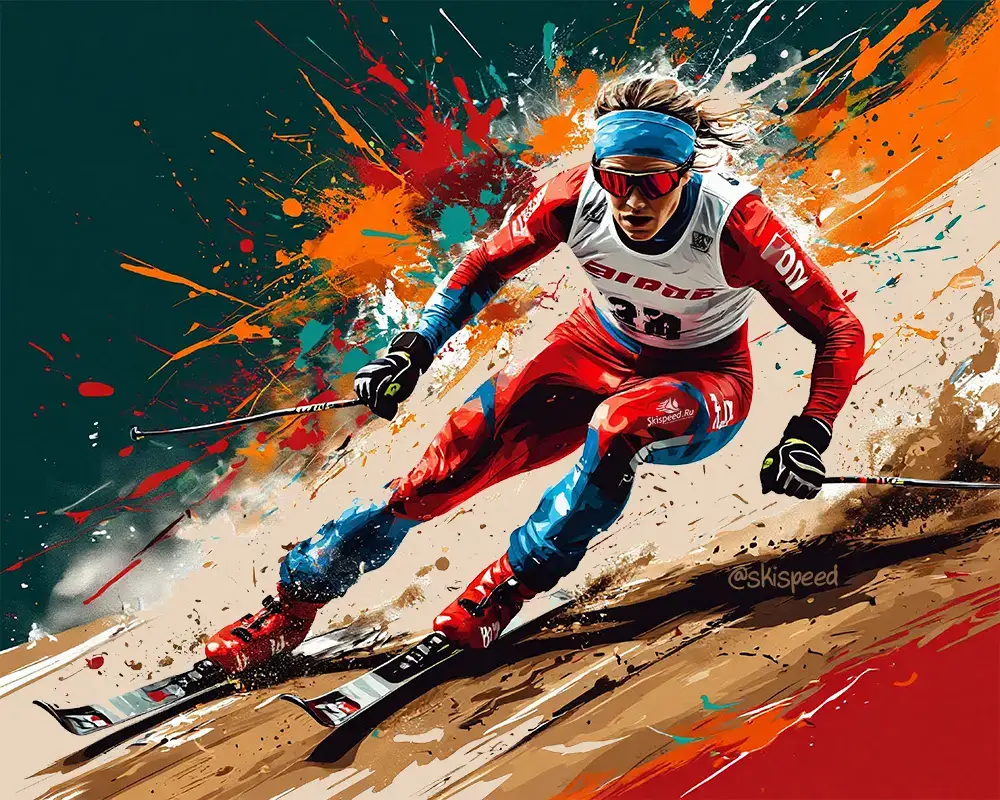 Лыжник на экстремальной скорости со спуска едет по опилкам