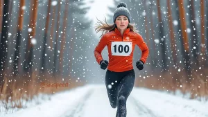 Девушка в спортивной одежде бежит по зимнему лесу