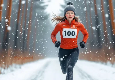 Девушка в спортивной одежде бежит по зимнему лесу