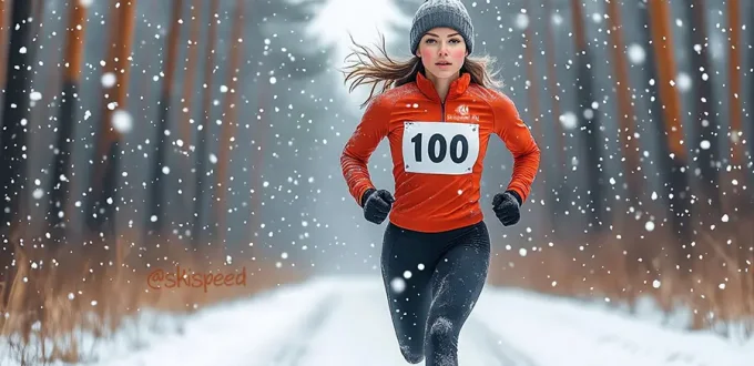 Девушка в спортивной одежде бежит по зимнему лесу