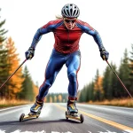 Спортсмен на лыжероллерах едет по асфальтовой дороге. Рисунок